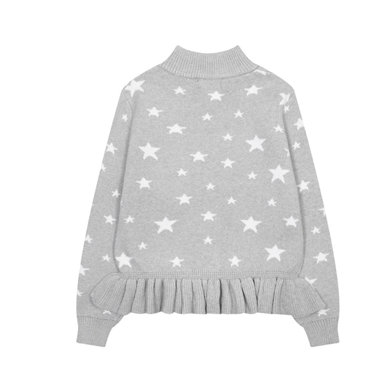 Star Print Zip-Up Knit Cardigan with Ruffle Hem & Cat Paw Embroidery