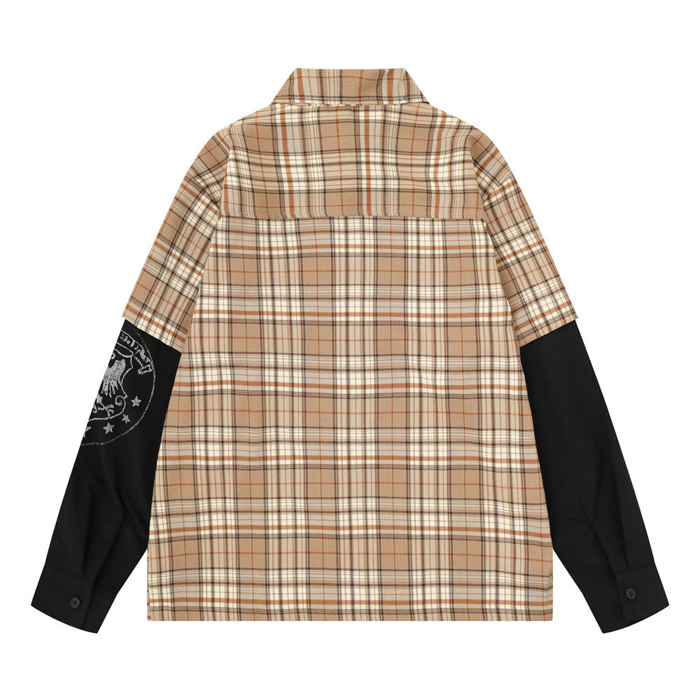 Plaid Faux Two-Piece Long Sleeve Shirt – Punk Letter Print, Relaxed Fit