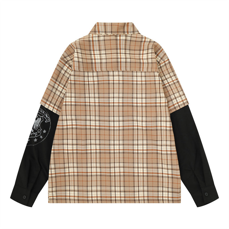 Plaid Faux Two-Piece Long Sleeve Shirt – Punk Letter Print, Relaxed Fit