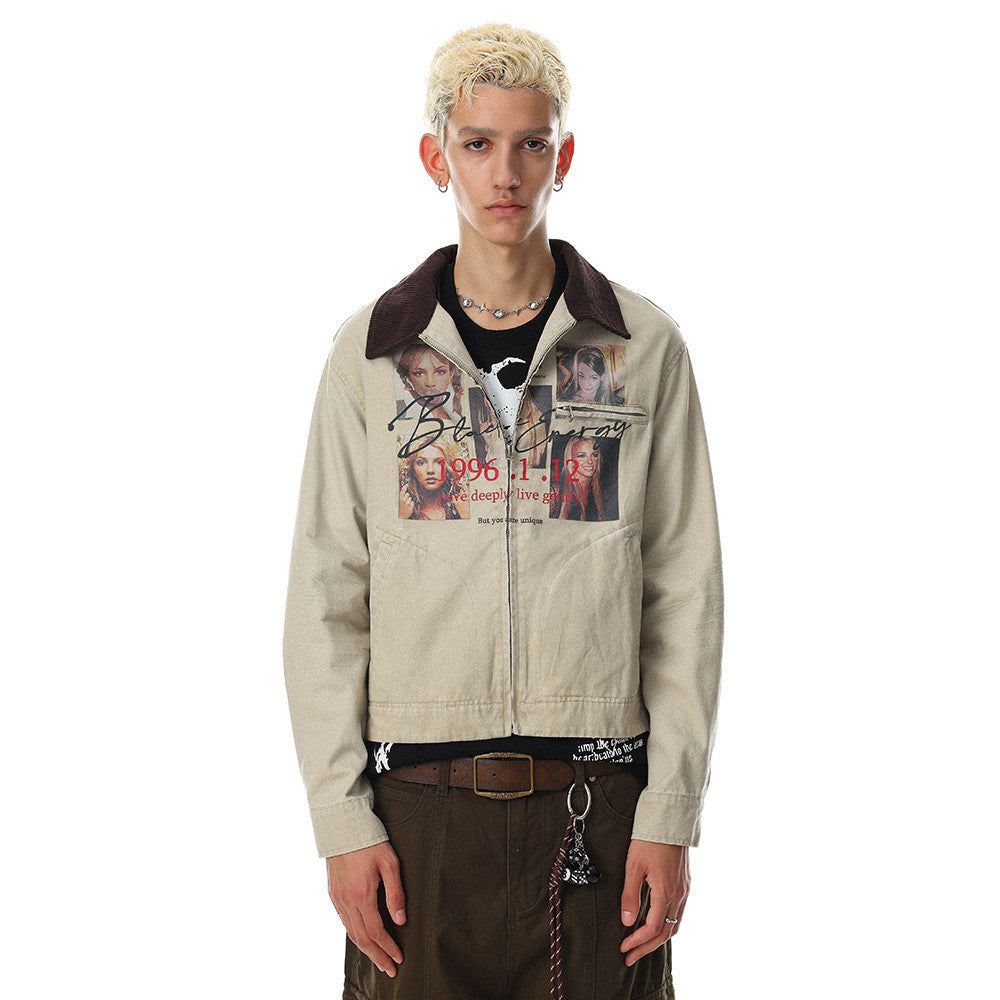 Beige distressed zip-up jean jacket worn by model, front view with brown collar and chest graphic