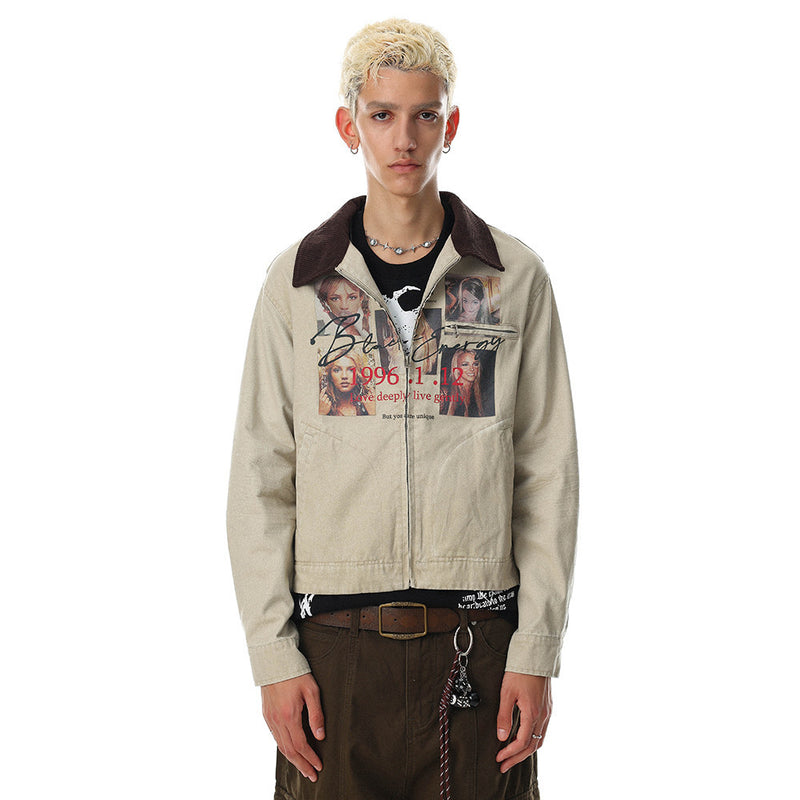 Beige distressed zip-up jean jacket worn by model, front view with brown collar and chest graphic