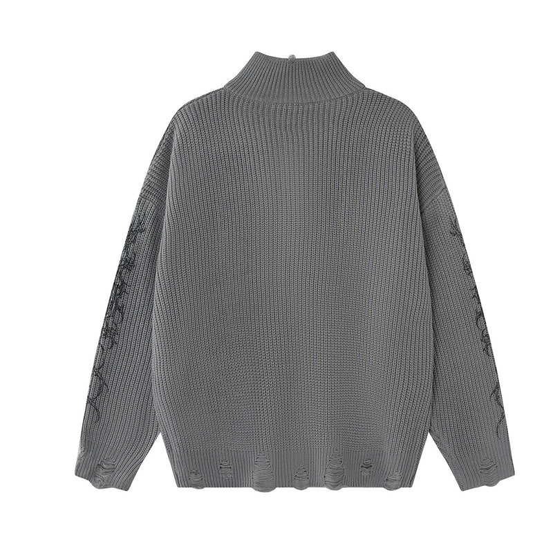Pull zippé en maille à motif gothique – Col montant punk sombre Abyss Whisper