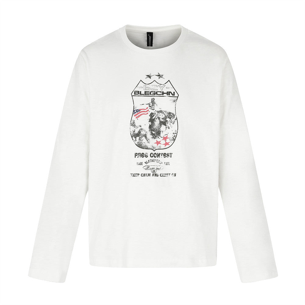 White long sleeve crew neck tee with bold front badge-style graphic