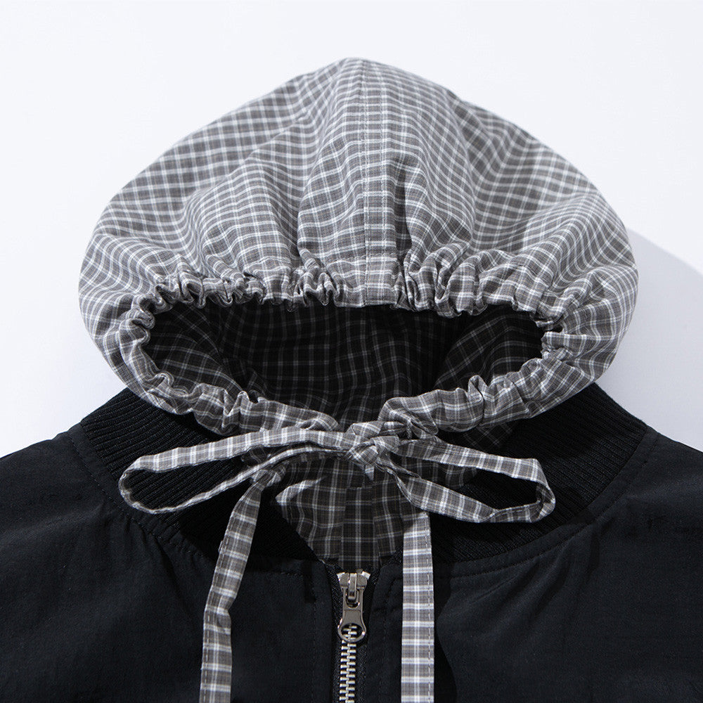 Black Zip Up Hoodie Mens Plaid Contrast Hood Bomber Jacket