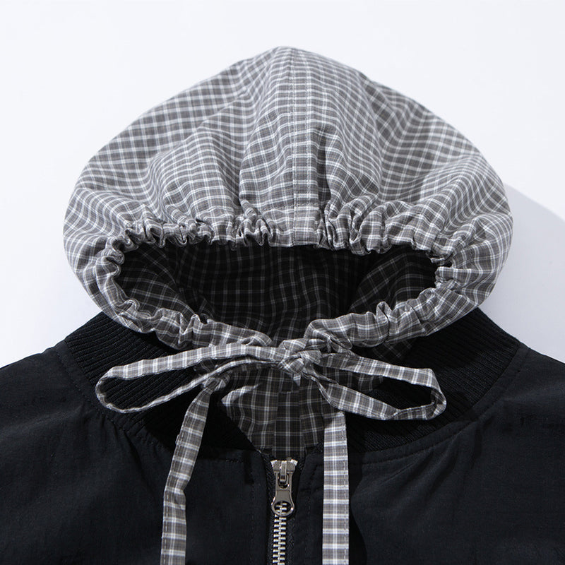 Black Zip Up Hoodie Mens Plaid Contrast Hood Bomber Jacket