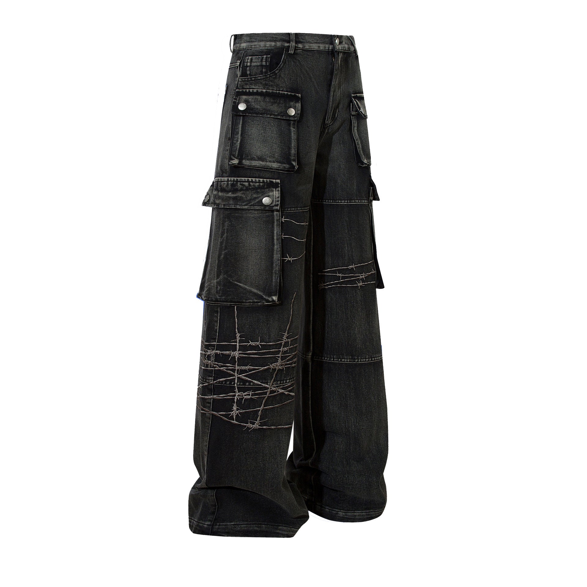Wide-Leg Cargo Jeans with Barbed Wire Embroidery – Baggy Streetwear Denim