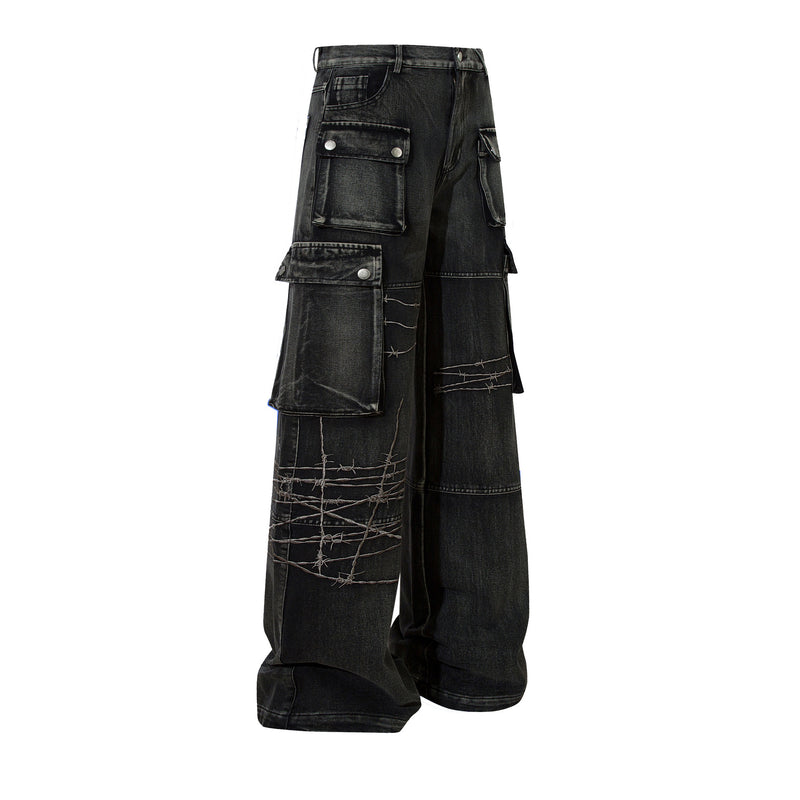 Wide-Leg Cargo Jeans with Barbed Wire Embroidery – Baggy Streetwear Denim