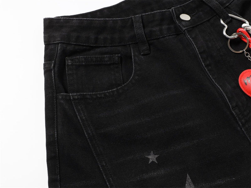 Star Print Wide-Leg Jeans – Men's Baggy Black Denim with Heart Charm