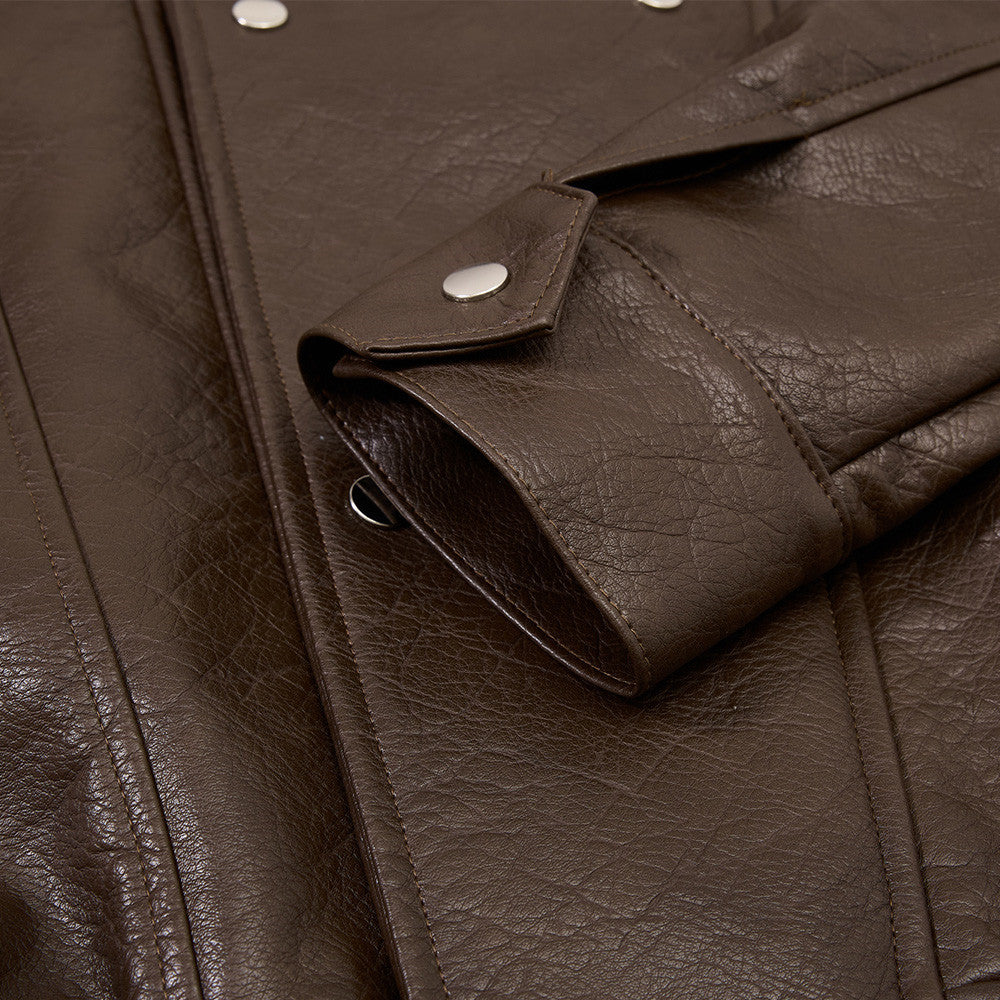 Men's Oversized PU Leather Bomber Jacket – Stand Collar Double-Breasted Snap