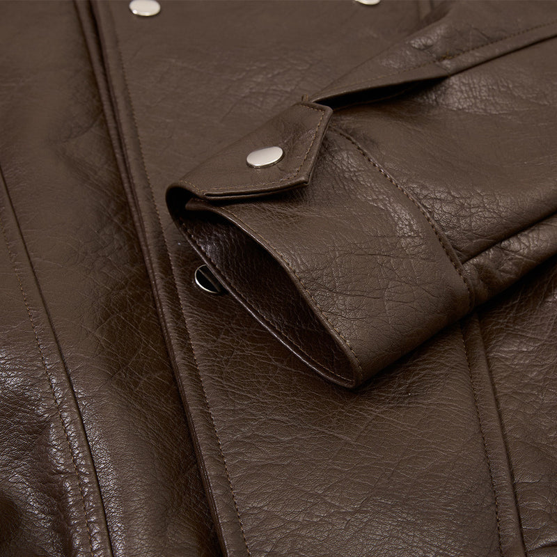 Men's Oversized PU Leather Bomber Jacket – Stand Collar Double-Breasted Snap