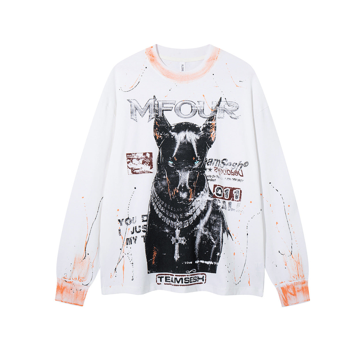 MFOUR Doberman Graphic Long Sleeve Shirt – Streetwear Paint Splatter Tee
