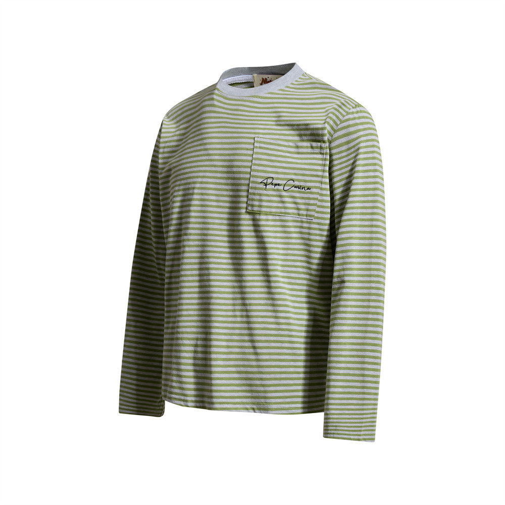 T-shirt homme à manches longues rayé avec poche – Coupe décontractée à col rond