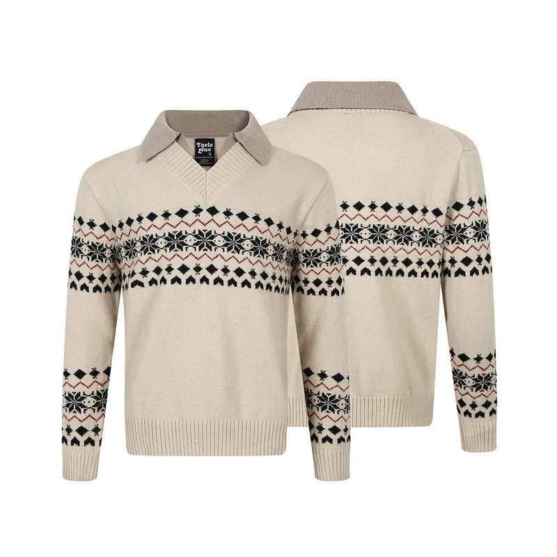 Fair Isle Jacquard Polo Collar Knit Sweater – Vintage Pattern Pullover