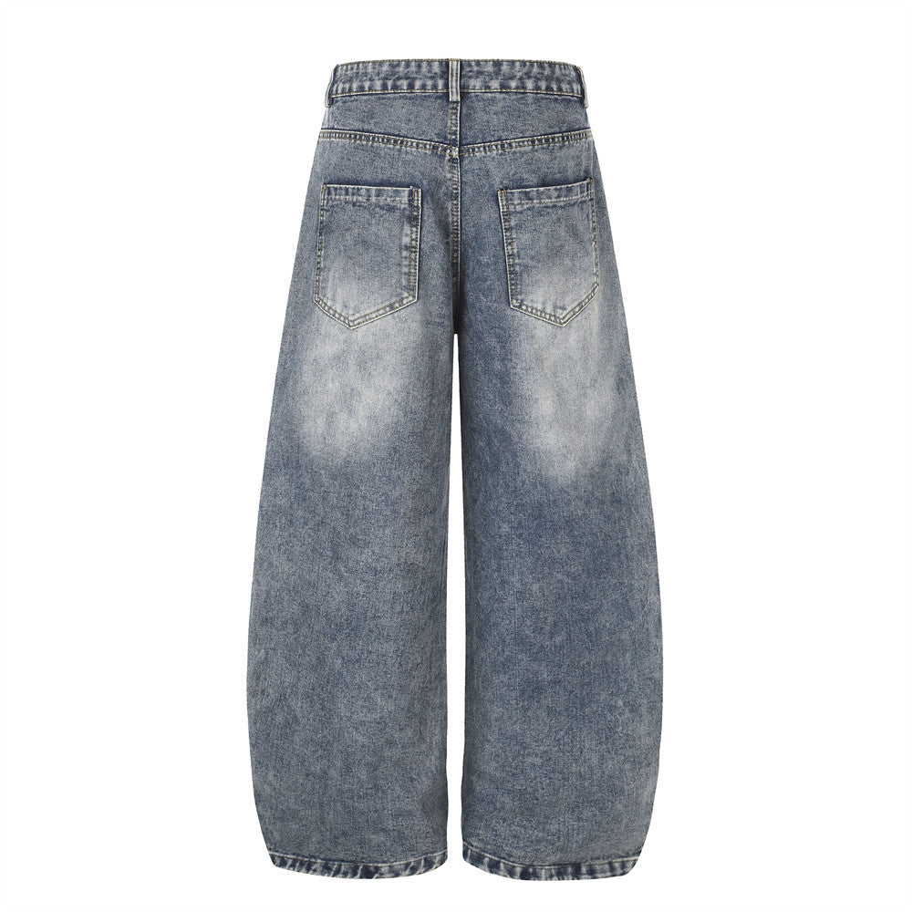 Cartoon Dachshund Embroidered Wide-Leg Jeans – Men's Vintage Washed Curved Hem