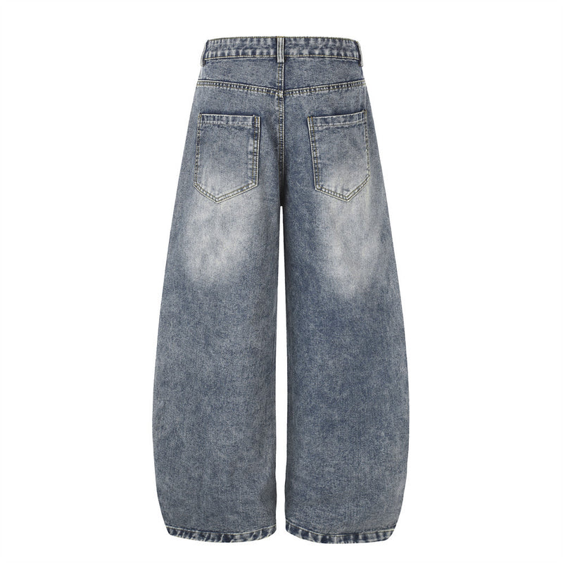 Cartoon Dachshund Embroidered Wide-Leg Jeans – Men's Vintage Washed Curved Hem