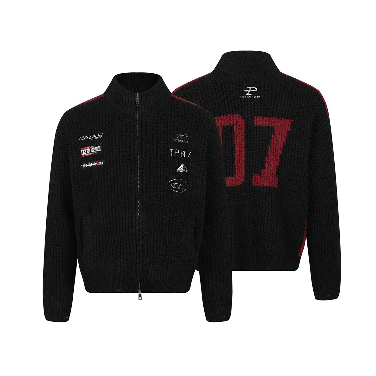 Strick-Cardigan mit Racing-Patches, Reißverschluss und Stehkragen
