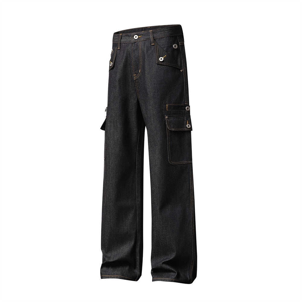 Men's Black Cargo Denim Jeans Wide-Leg Straight Fit with Large Pockets