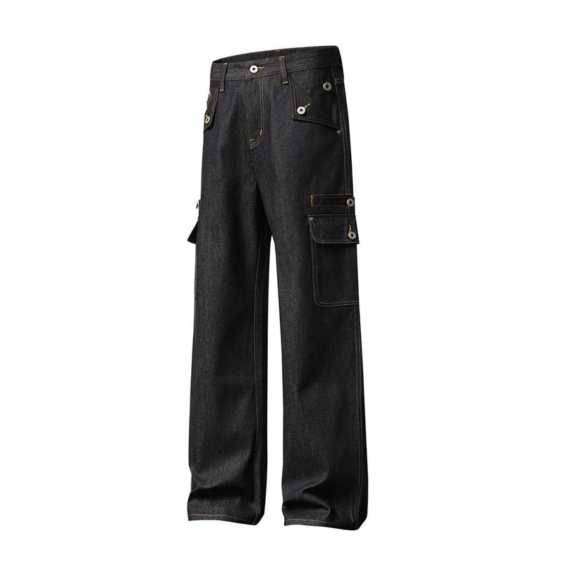 Men's Black Cargo Denim Jeans Wide-Leg Straight Fit with Large Pockets