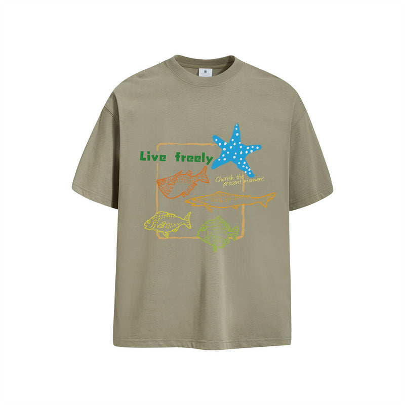 Men's oversized sage green crew neck t-shirt with ocean fish and starfish graphic print reading Live Freely