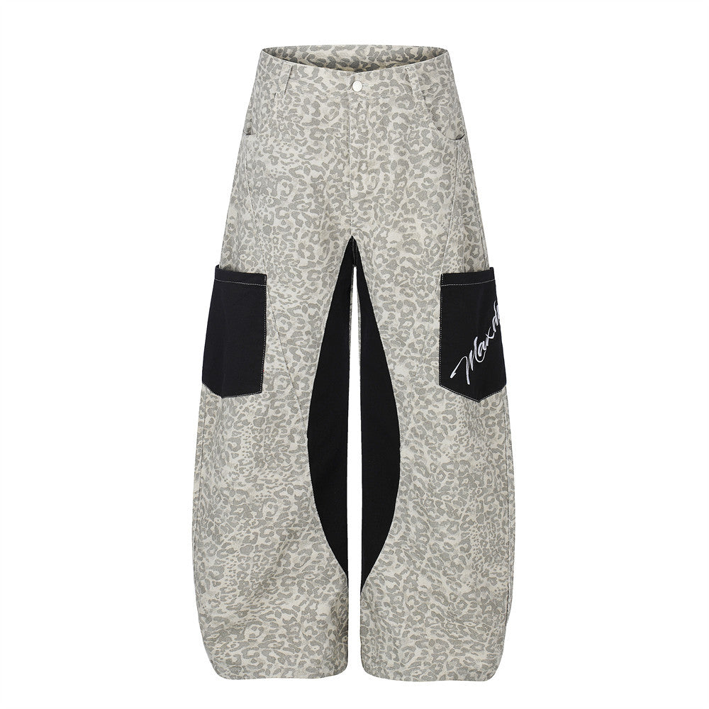 Leopard Print Colorblock Cargo Wide-Leg Jeans