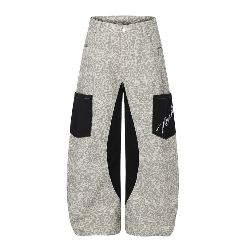Leopard Print Colorblock Cargo Wide-Leg Jeans