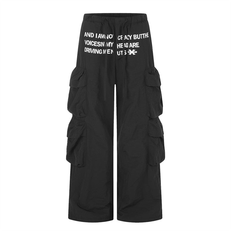 Wide-leg multi-pocket cargo pants with letter print waistband in black and blue colorways