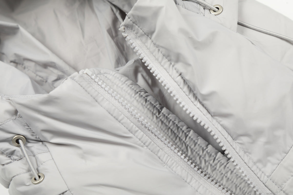 Hooded Puffer Down Jacket – Quilted Winter Coat in Light Gray & Black