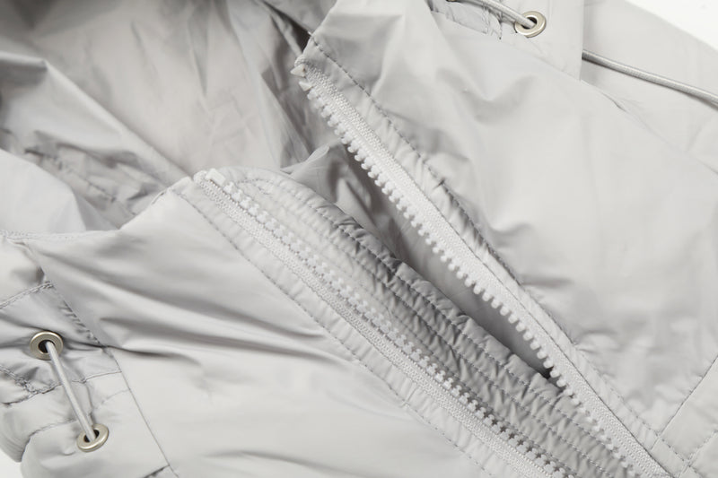 Hooded Puffer Down Jacket – Quilted Winter Coat in Light Gray & Black