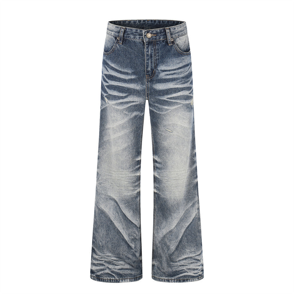 Vintage Wash Wide-Leg Flare Jeans – Men's Distressed Crease-Effect Denim