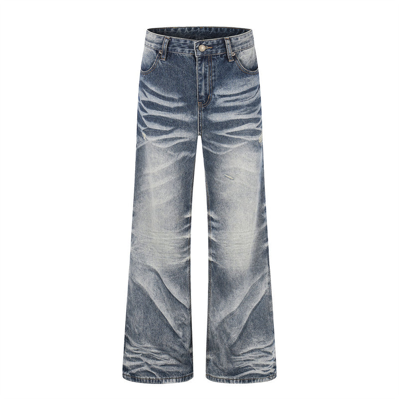 Vintage Wash Wide-Leg Flare Jeans – Men's Distressed Crease-Effect Denim