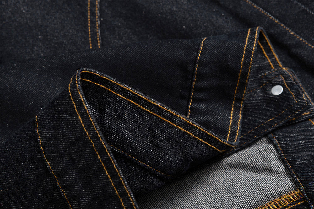 Men's Raw Denim Jacket with Corduroy Collar — Deconstructed Seam Design