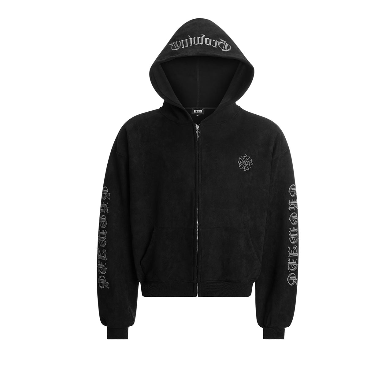 Gothic Embroidered Zip-Up Hoodie – Vintage American Suede-Finish Fleece