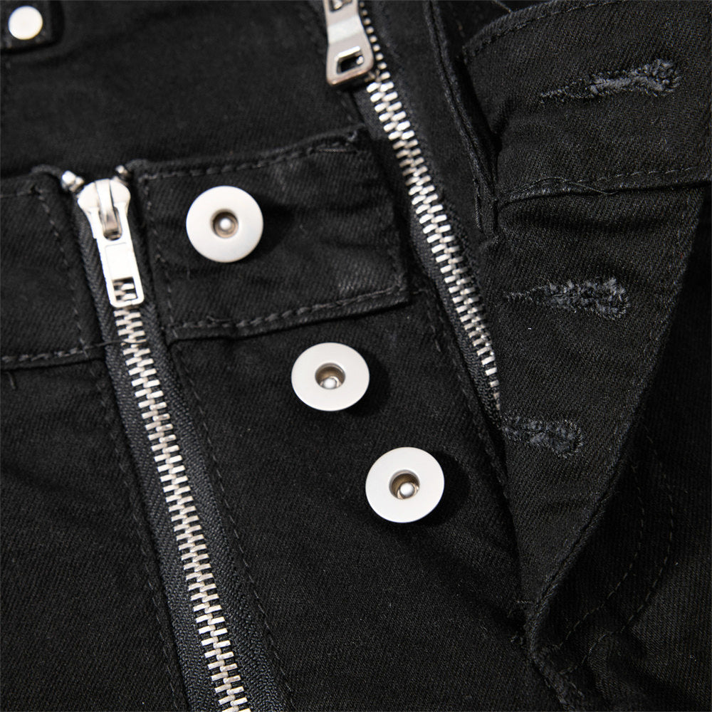 Men's Black Double Waistband Bell Bottom Flare Jeans with Diagonal Zipper