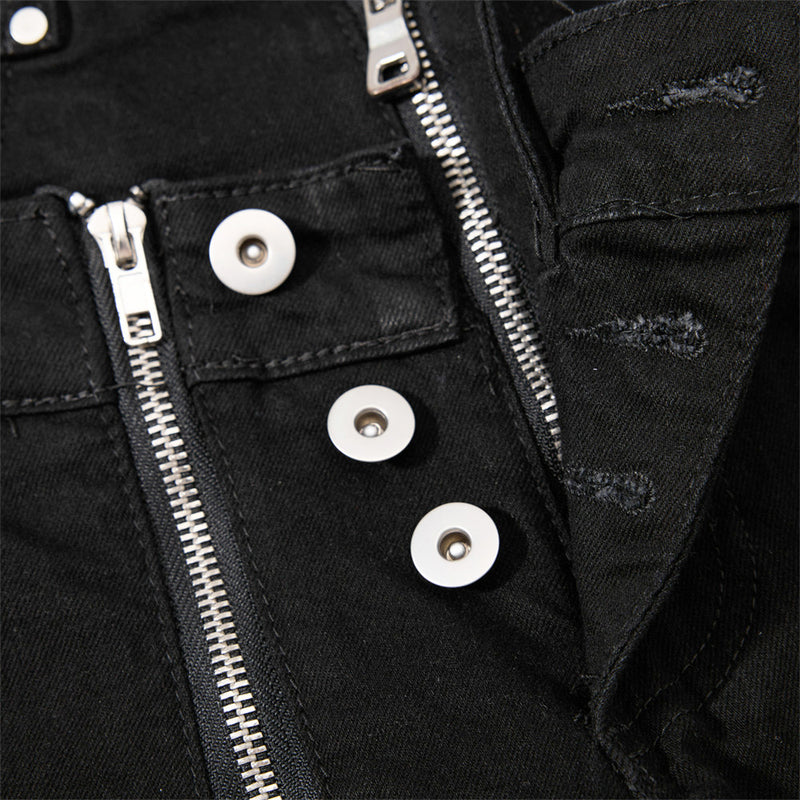 Men's Black Double Waistband Bell Bottom Flare Jeans with Diagonal Zipper