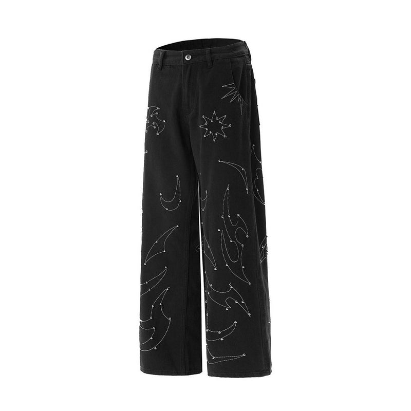 Schwarze Wide-Leg-Hose für Herren – Flammen- und Sternstickerei mit Nieten, gerade geschnitten
