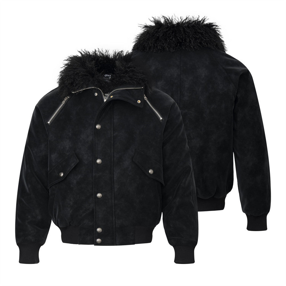 Men's Suede Bomber Jacket with Mongolian Fur Collar, Black Distressed PU Leather