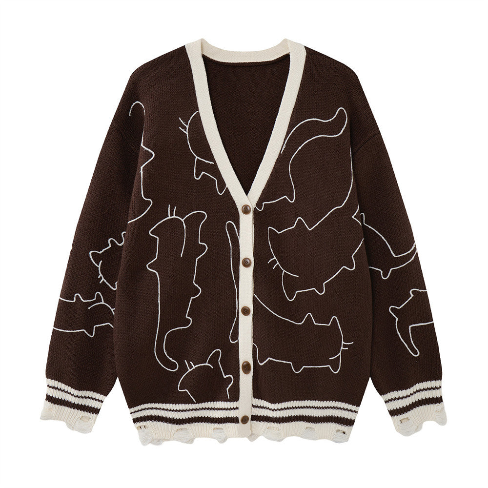 Gilet cardigan en maille motif contour de chat – Col V oversize boutonné avec finition effilochée
