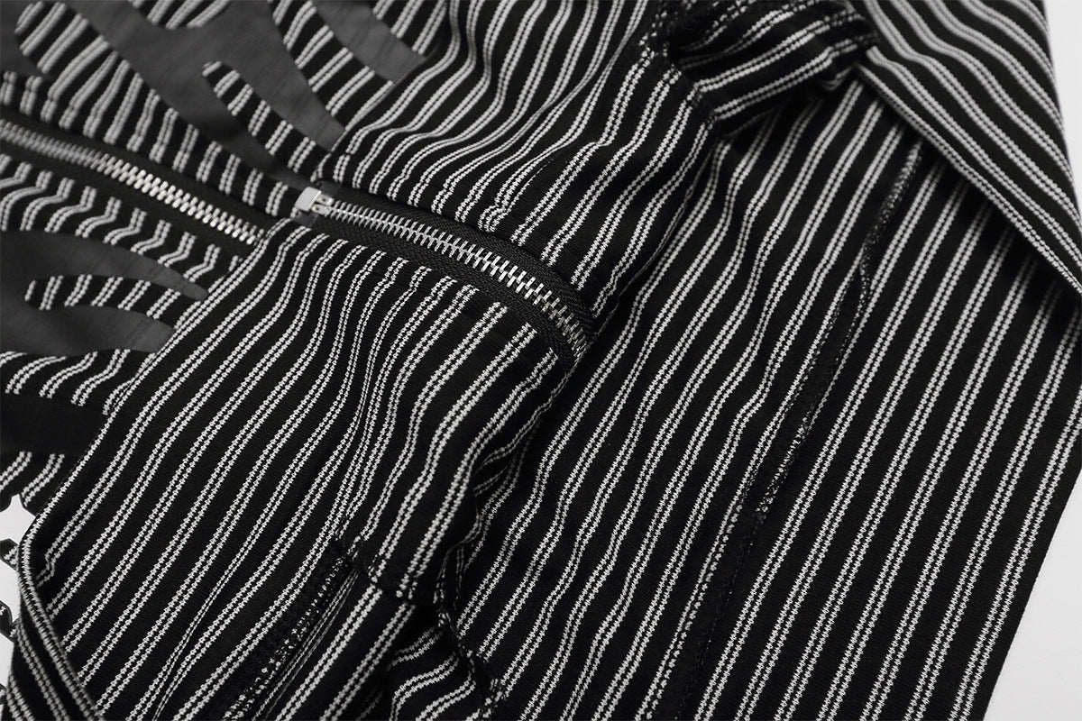 Thin Zip-Up Hoodie Gothic Stripe Black & Grey Cropped Cardigan