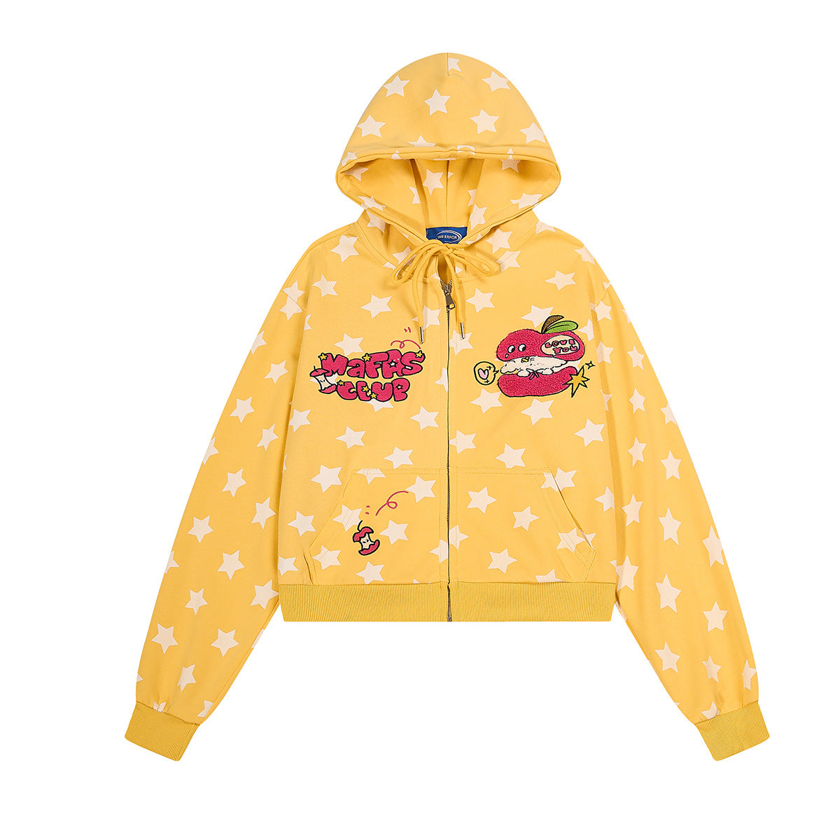 Sweat à capuche zippé raccourci, imprimé intégral d’étoiles blanches et motif pomme brodé, coloris jaune et turquoise