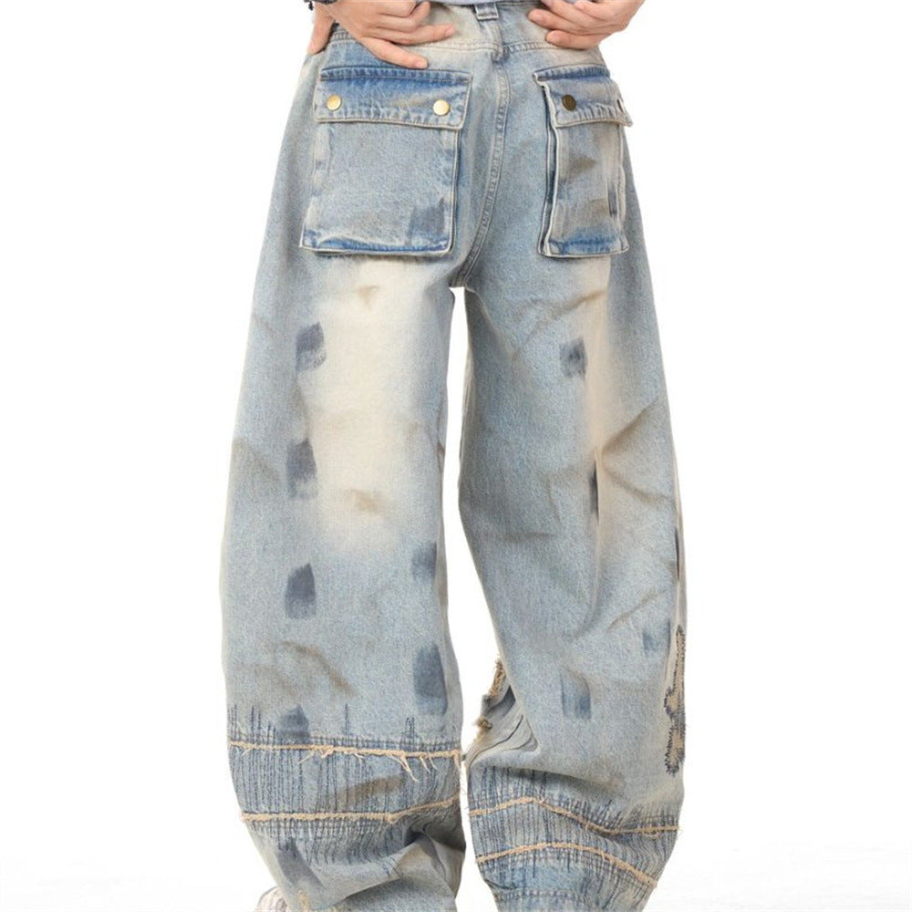 Men's Distressed Wide-Leg Jeans with Chaotic Embroidery & Metal Eyelet Detail