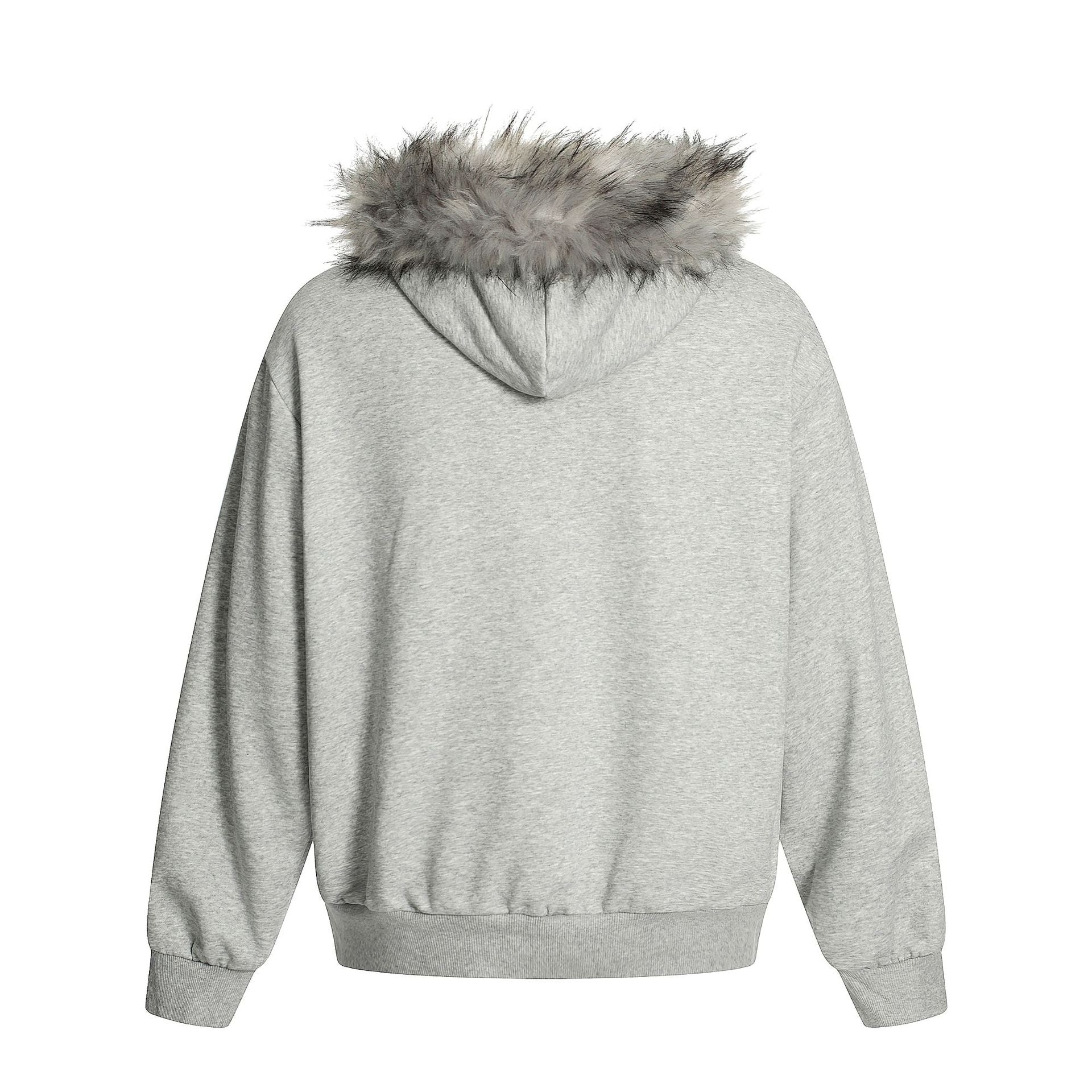 Faux Fur Trim Half-Zip Hoodie with Gothic Floral Graphic Print