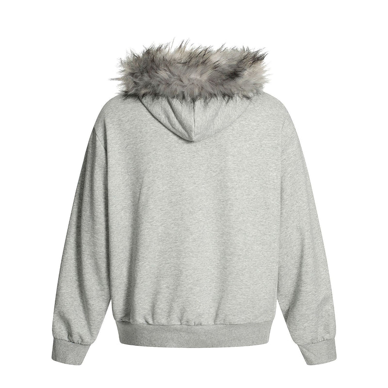 Faux Fur Trim Half-Zip Hoodie with Gothic Floral Graphic Print