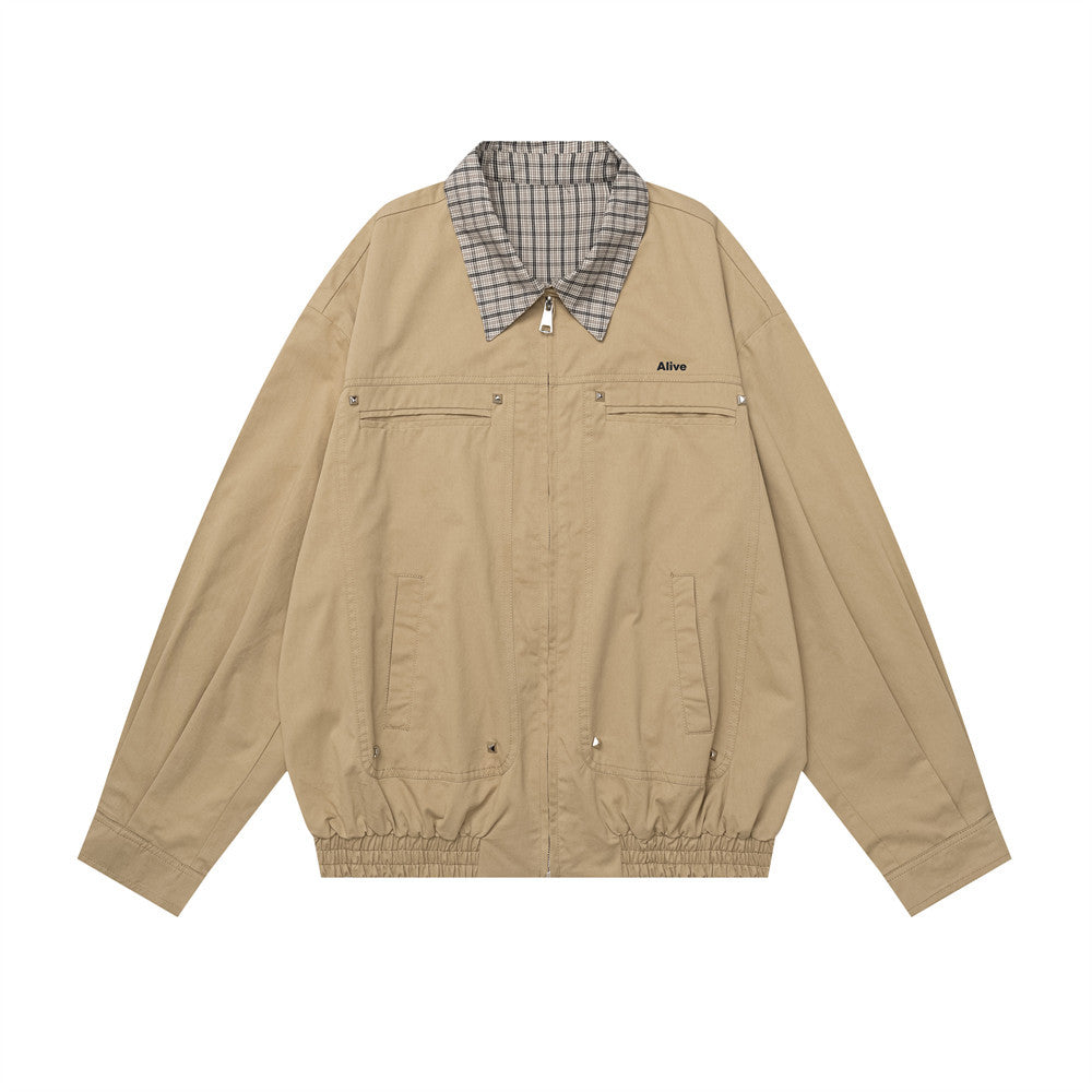 Men's oversized harrington jacket with contrast plaid collar in khaki, front view showing zip closure, metal rivets, and patc