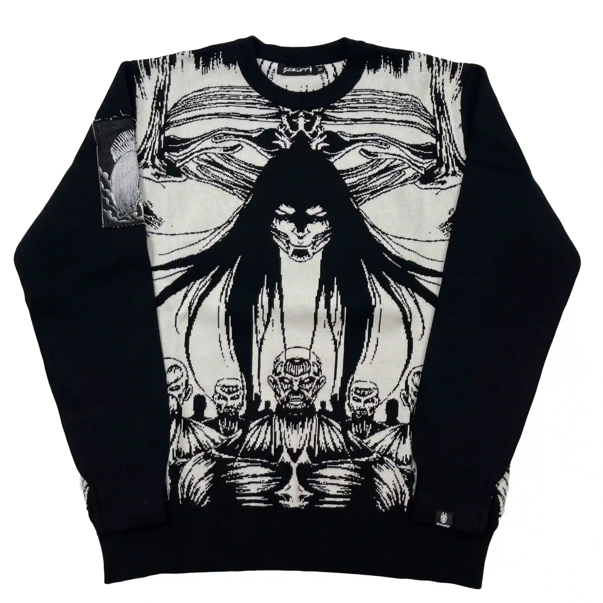 Dark Manga Horror Jacquard Knit Oversized Sweater Black White Graphic