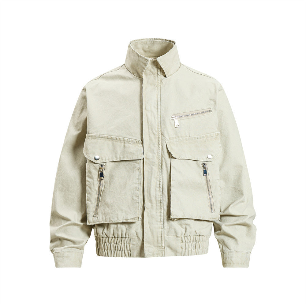 Men's Cargo Bomber Jacket with Multi-Pocket Stand Collar, Relaxed Fit