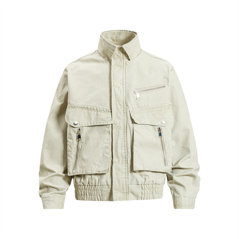 Men's Cargo Bomber Jacket with Multi-Pocket Stand Collar, Relaxed Fit