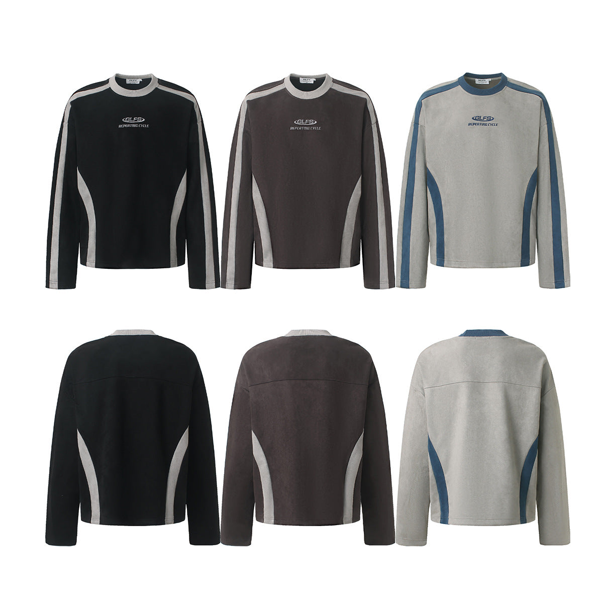 GLFS Colorblock-Langarmshirt mit wiederkehrendem Zyklusmotiv – Streetwear mit Kontrasteinsätzen