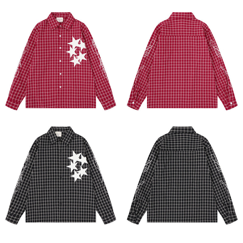 Mens Red Button Up Shirt Plaid Star Patch Long Sleeve Oversized Flannel