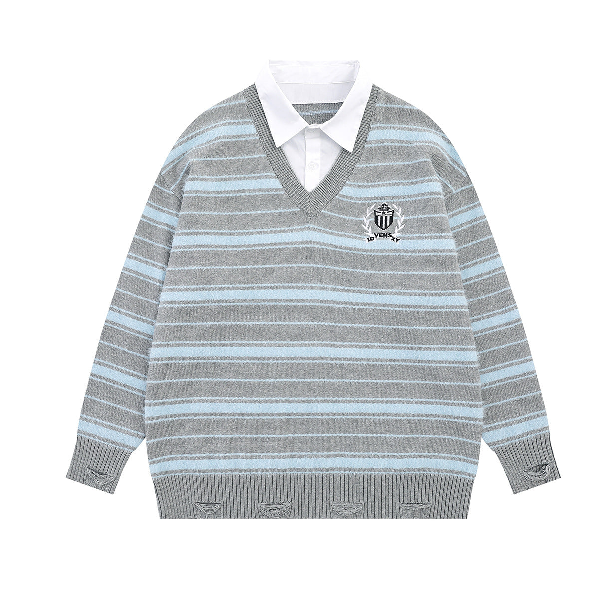 Striped Knit Sweater with Layered Shirt Collar and Tie Detail, Preppy Academy