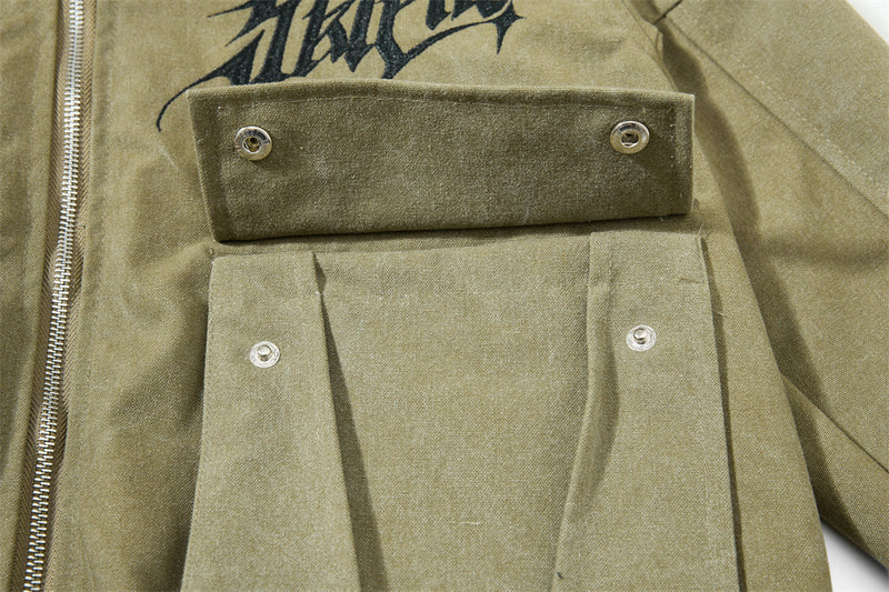 Gothic Letter Embroidered Cargo Bomber Jacket – Stand Collar, Multi-Pocket
